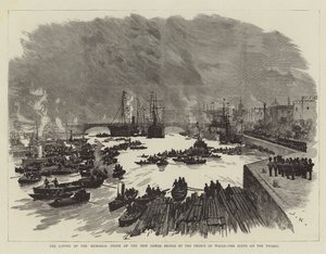 La pose de la pierre commémorative du nouveau Tower Bridge par le prince de Galles, la scène sur la Tamise